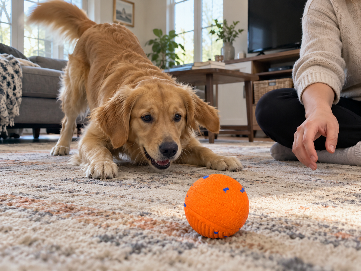 AI-created lifestyle illustration: Golden retriever in a playful bow toward Orange Big Ball with owner nearby