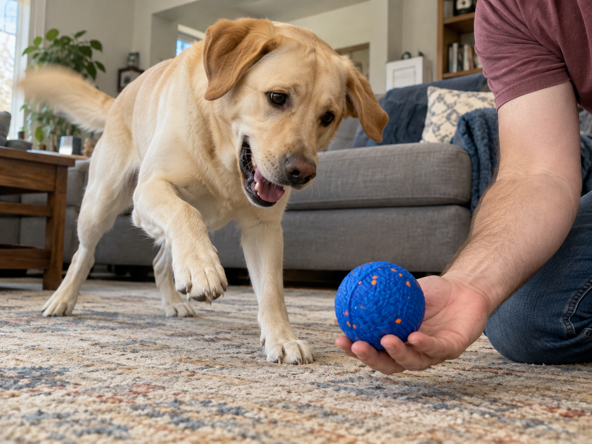 AI-created lifestyle illustration: Labrador lifting a paw while its owner presents Blue Big Ball at home