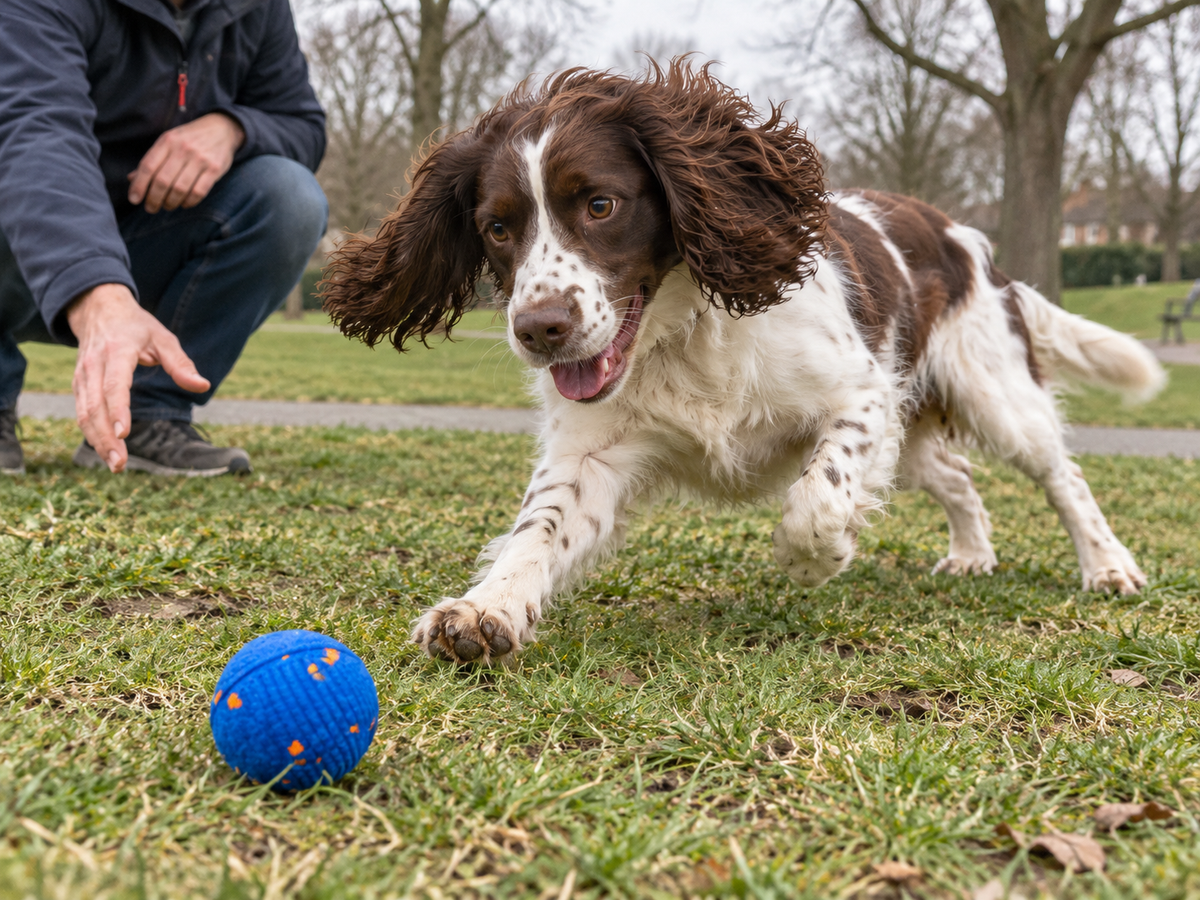 AI-created lifestyle illustration: Spaniel turning excitedly toward Blue Big Ball during supervised park play