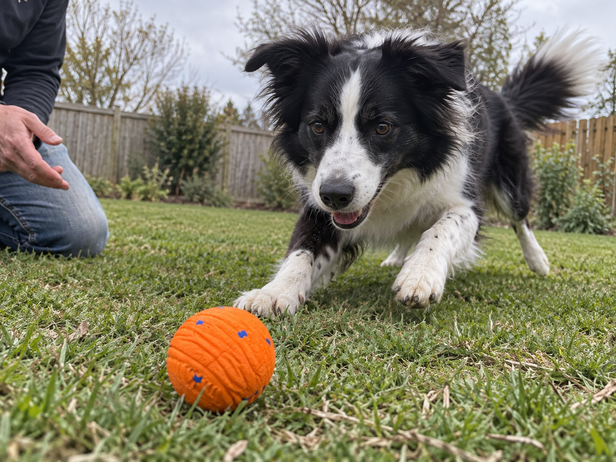 AI-created lifestyle illustration: Border collie reaching toward Orange Big Ball in a backyard with owner nearby