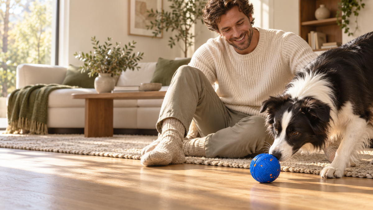 AI lifestyle illustration of a person and dog sharing playtime at home