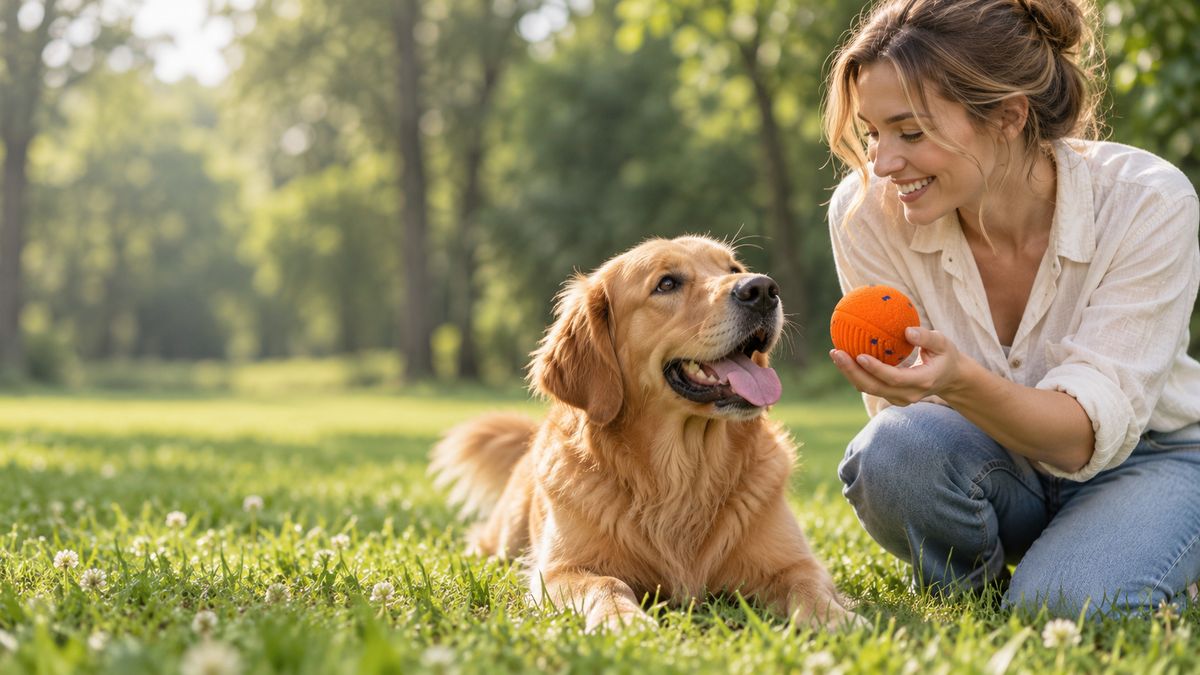 MossRomp Orange Big Ball with a dog and owner outdoors